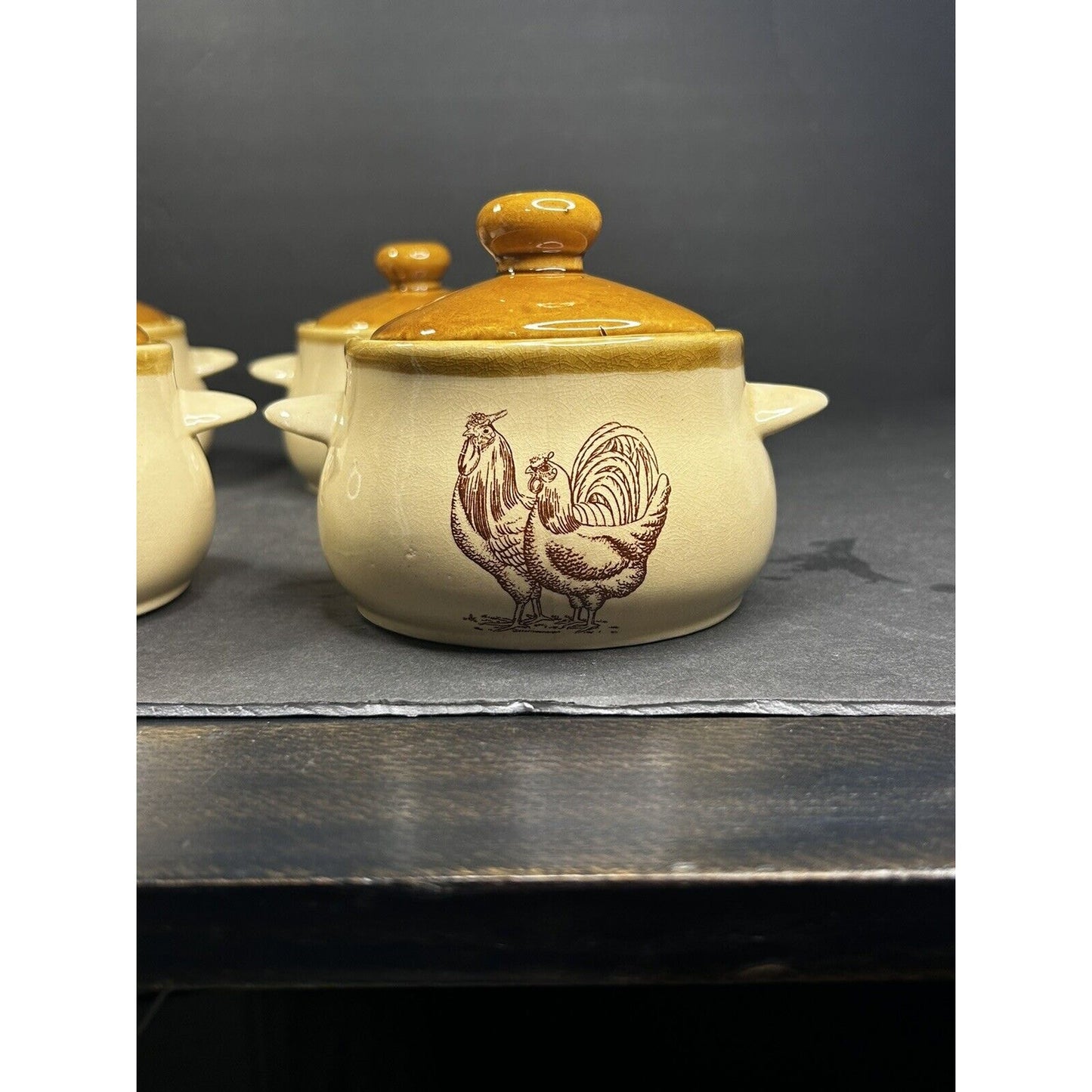 Vintage rooster lidded casserole dish set 4 side view lids on