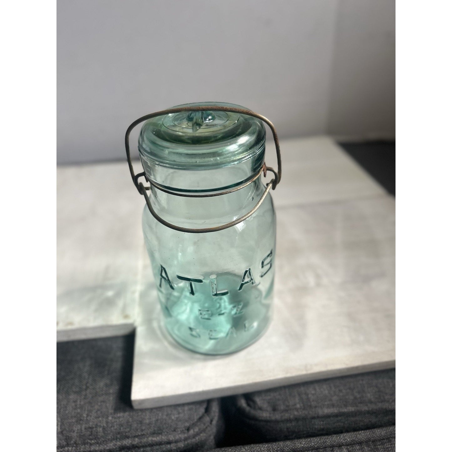 Vintage Atlas E-Z Seal Quart Jar Light Blue w/ Original Lid & Wire Bail – 1930s