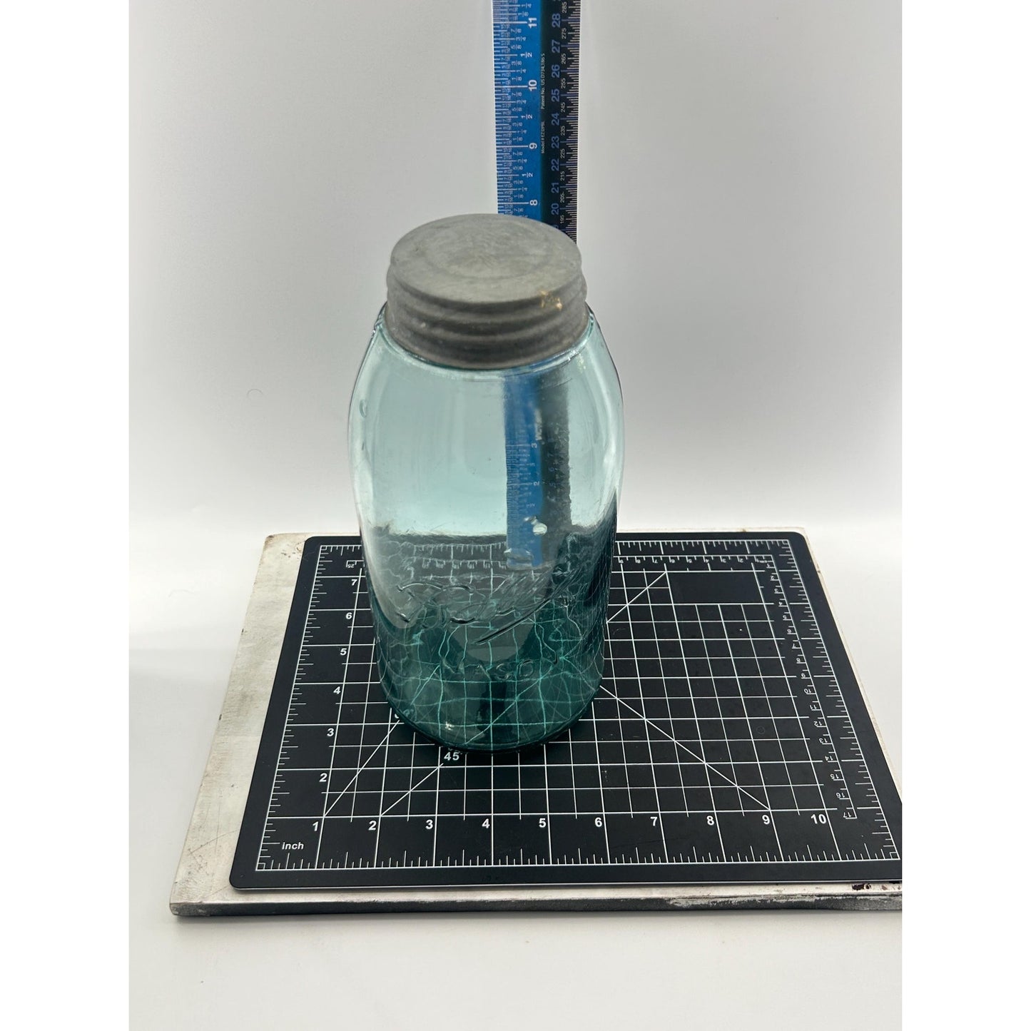 Antique Ball Mason Half Gallon Aqua Blue Triple L Script 1910–1923 Shoulder Seal Zinc Lid Large Early Collector Fruit Jar. Underlined Script