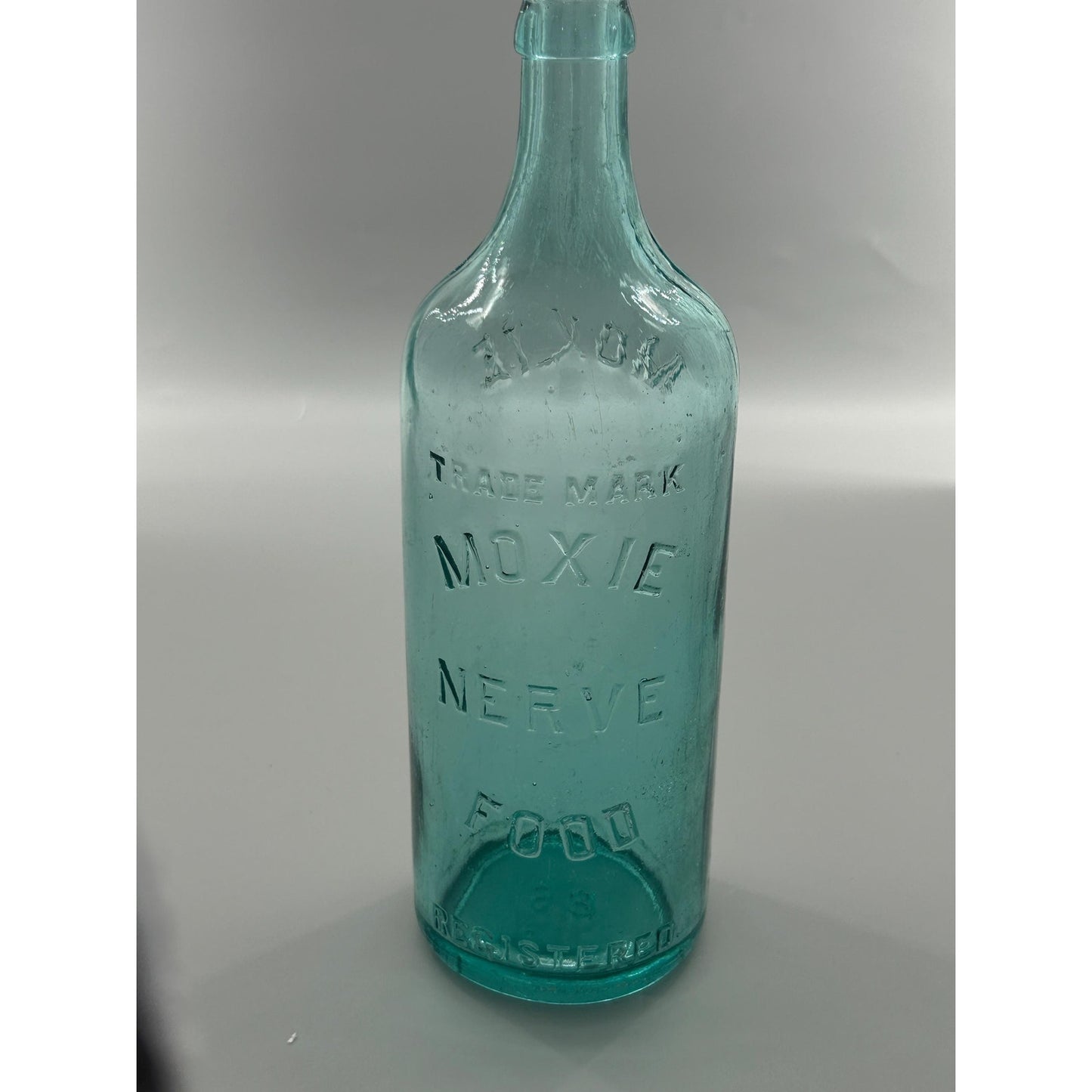 Moxie Nerve Food Aqua Glass Patent Medicine Bottle, Embossed Brockway Glass Collectible Decor