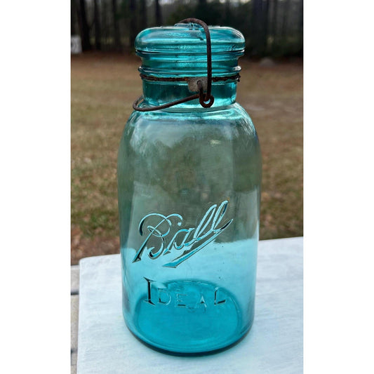 Ball Ideal aqua glass mason jar wire bail front view