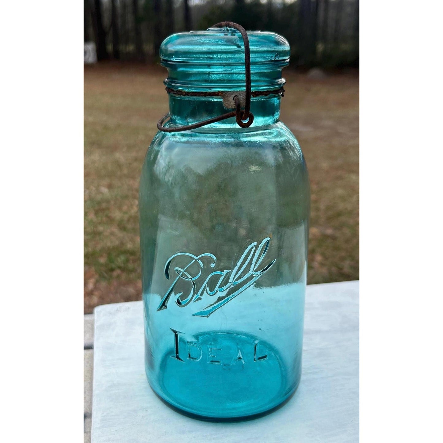Ball Ideal Aqua Glass Mason Jar w/ Wire Bail Rustic Farmhouse Decor