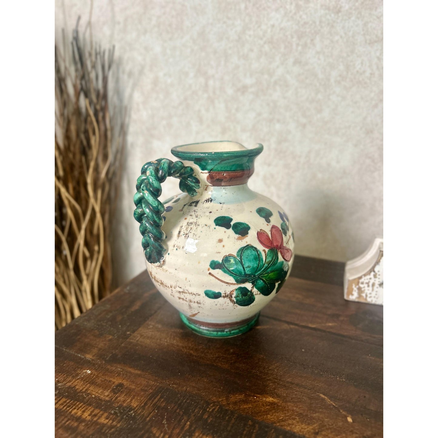Vintage Hand Painted Spanish Majolica Talavera Style Faience Pitcher Twisted Handle Floral Jug