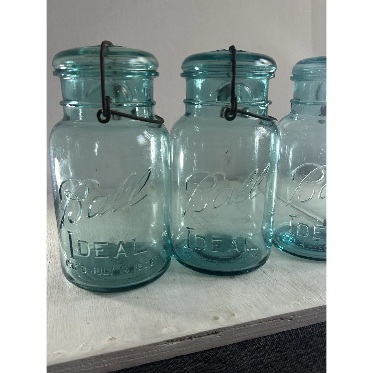 Lot of 3 Ball Ideal Blue Wire Bail Mason Jars Pat’d 1908 Vintage Quart Set. RARE
