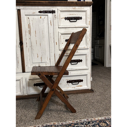Vintage Mid Century Romanian Wooden Slatted Folding Chair Solid Oak MCM Decor