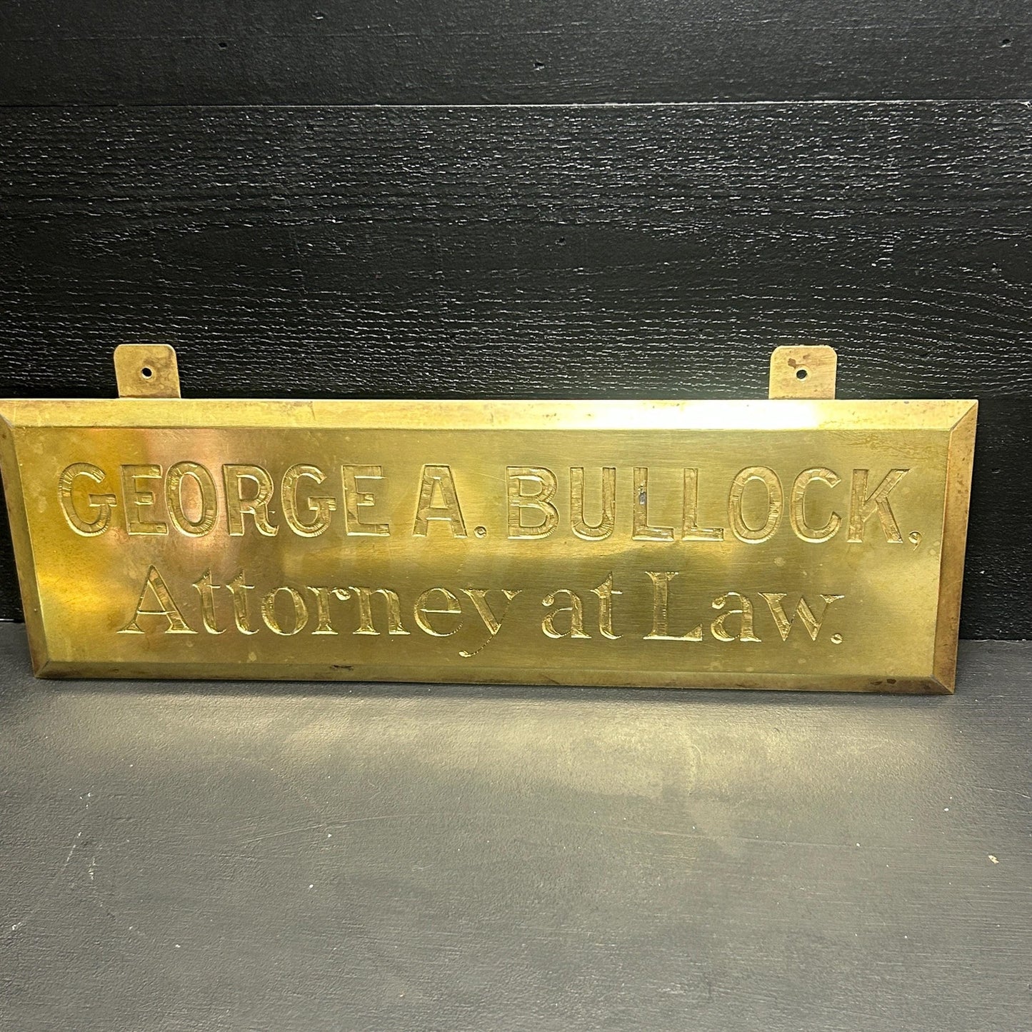Restored Antique Brass Lawyer Sign – GEORGE A. BULLOCK Attorney at Law Plaque – Early 1900s Engraved Brass Law Office Sign. gorgeous shine!