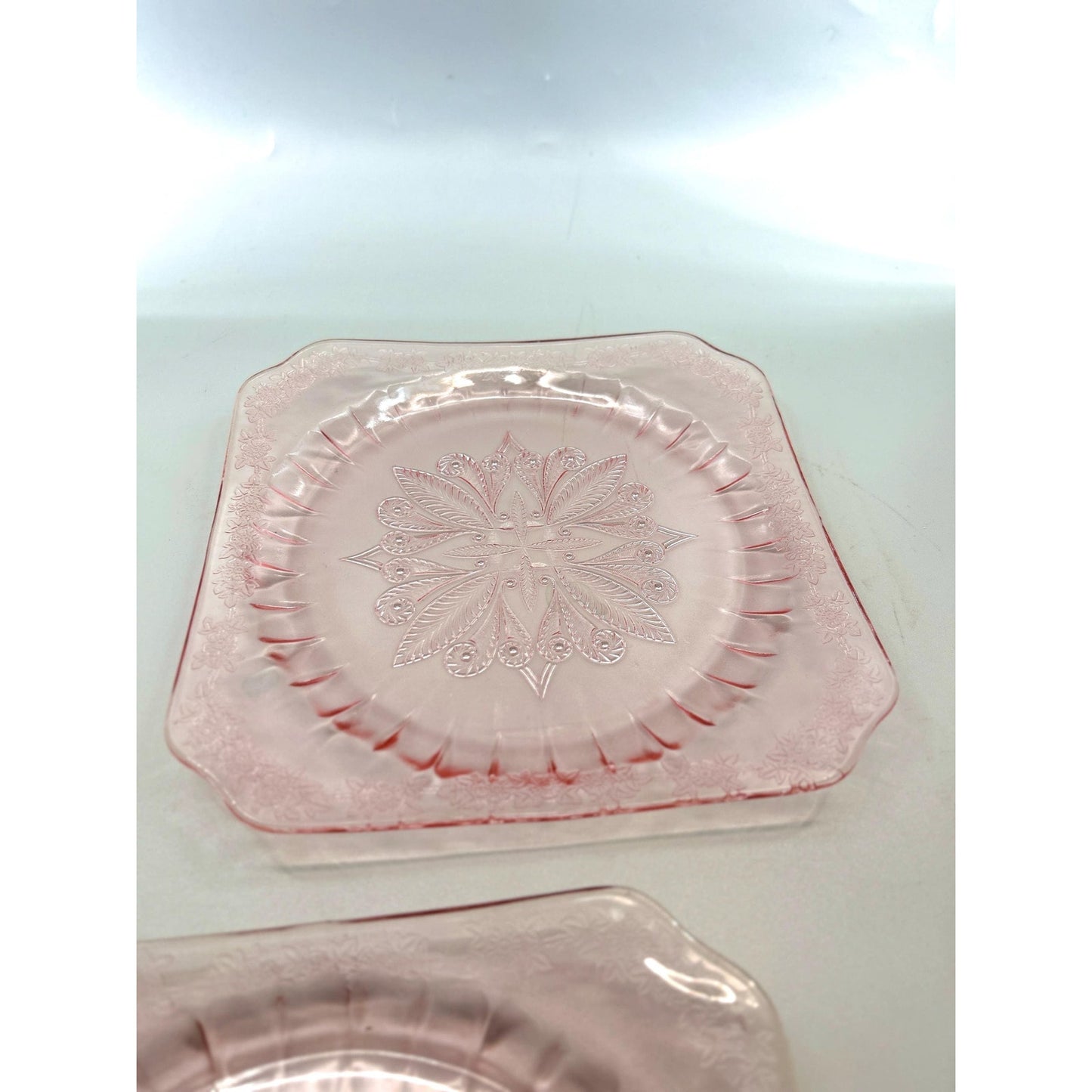 Vintage Pink Depression Glass Plates Set of 2 Etched Floral Square Luncheon Salad Plates Art Deco Glassware