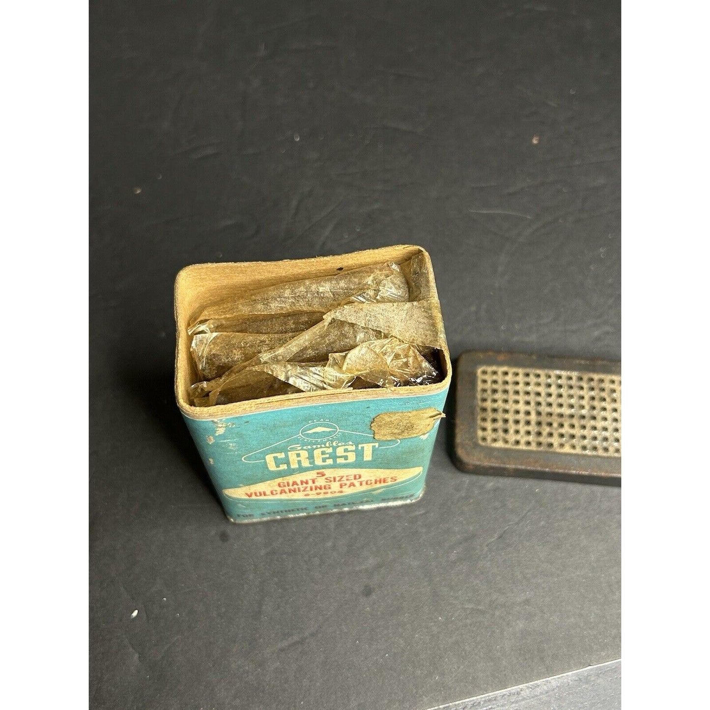 Antique Crest tire patch advertising tin full profile