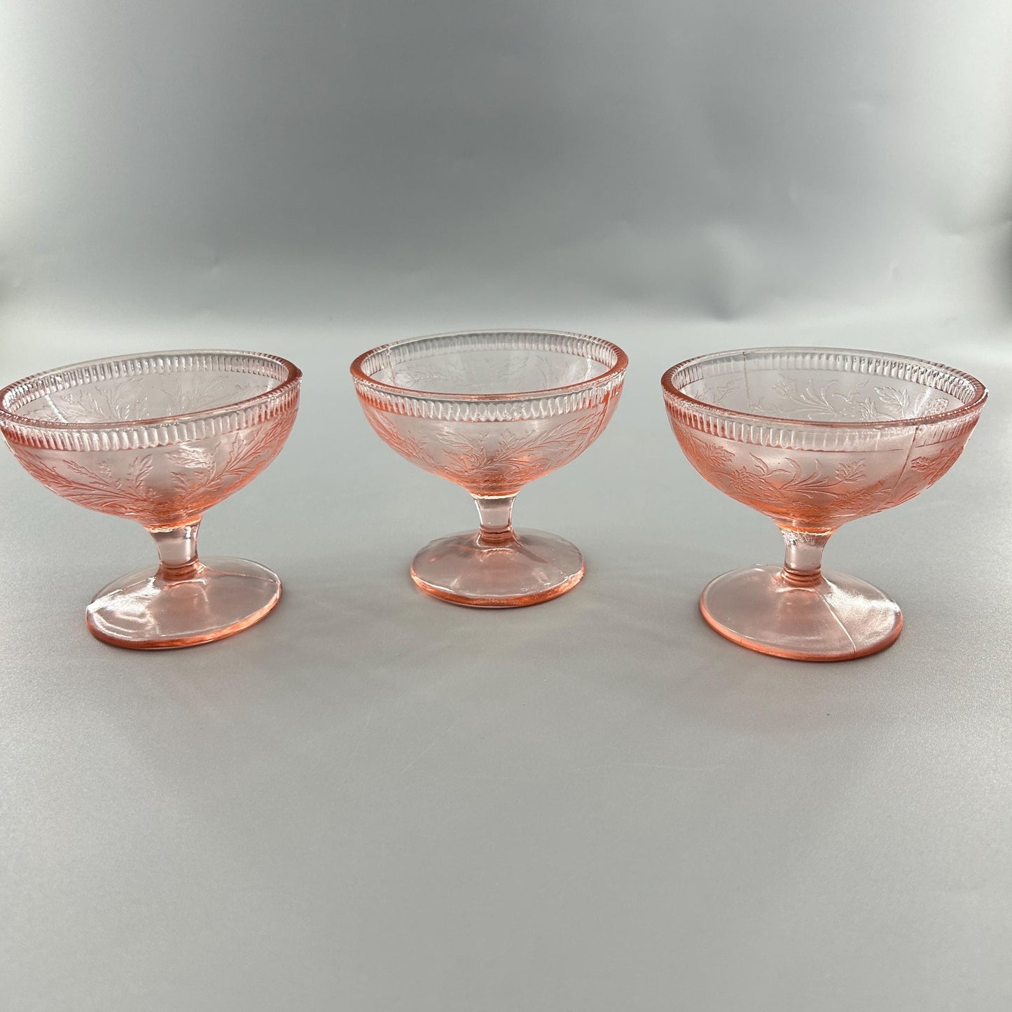 Pink Depression Glass Sherbet Dessert Cups • Vintage 1930s Footed Bowls • Set of 3 • Etched Floral Stemware • Cottage Farmhouse Tableware