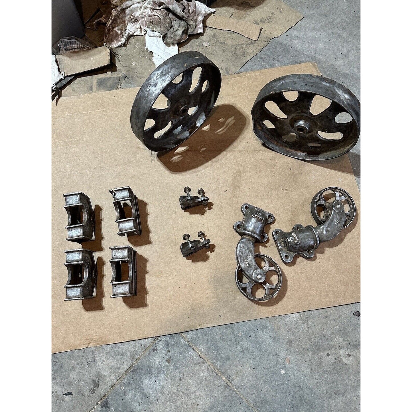 Antique Chas. E. Francis Factory Cart Hardware Set — Complete Cast Iron Wheels, Casters & Brackets
