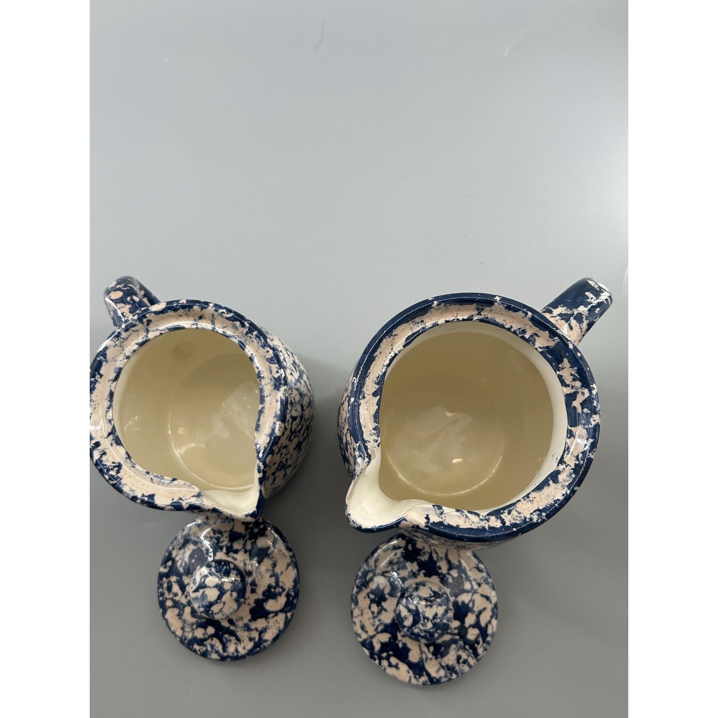 Vintage Blue Spongeware Stoneware Pitcher & Creamer Set with Lids — Cobalt Farmhouse Kitchen Decor