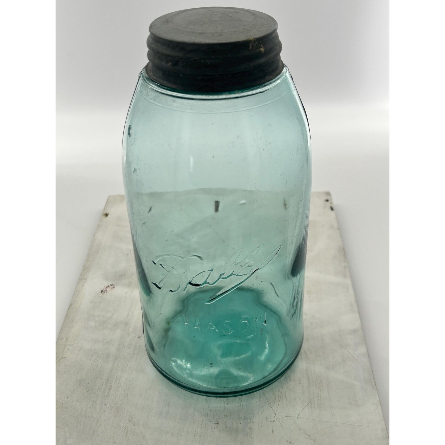 Antique Ball Mason Half Gallon Aqua Blue Triple L Script 1910–1923 Shoulder Seal Zinc Lid Large Early Collector Fruit Jar. Underlined Script