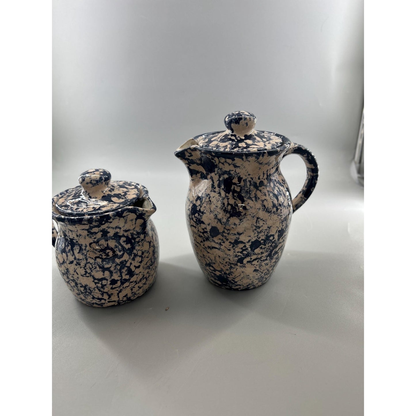 Vintage Blue Spongeware Stoneware Pitcher & Creamer Set with Lids — Cobalt Farmhouse Kitchen Decor