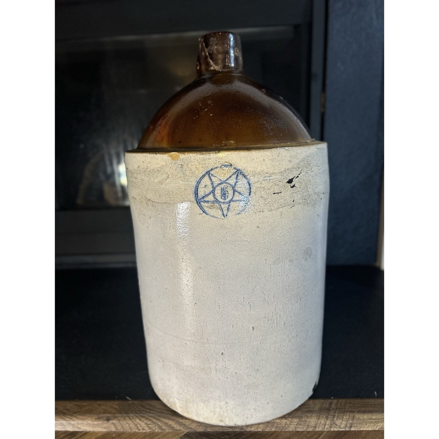 Antique stoneware jug base 5 gallon blue star crock farmhouse