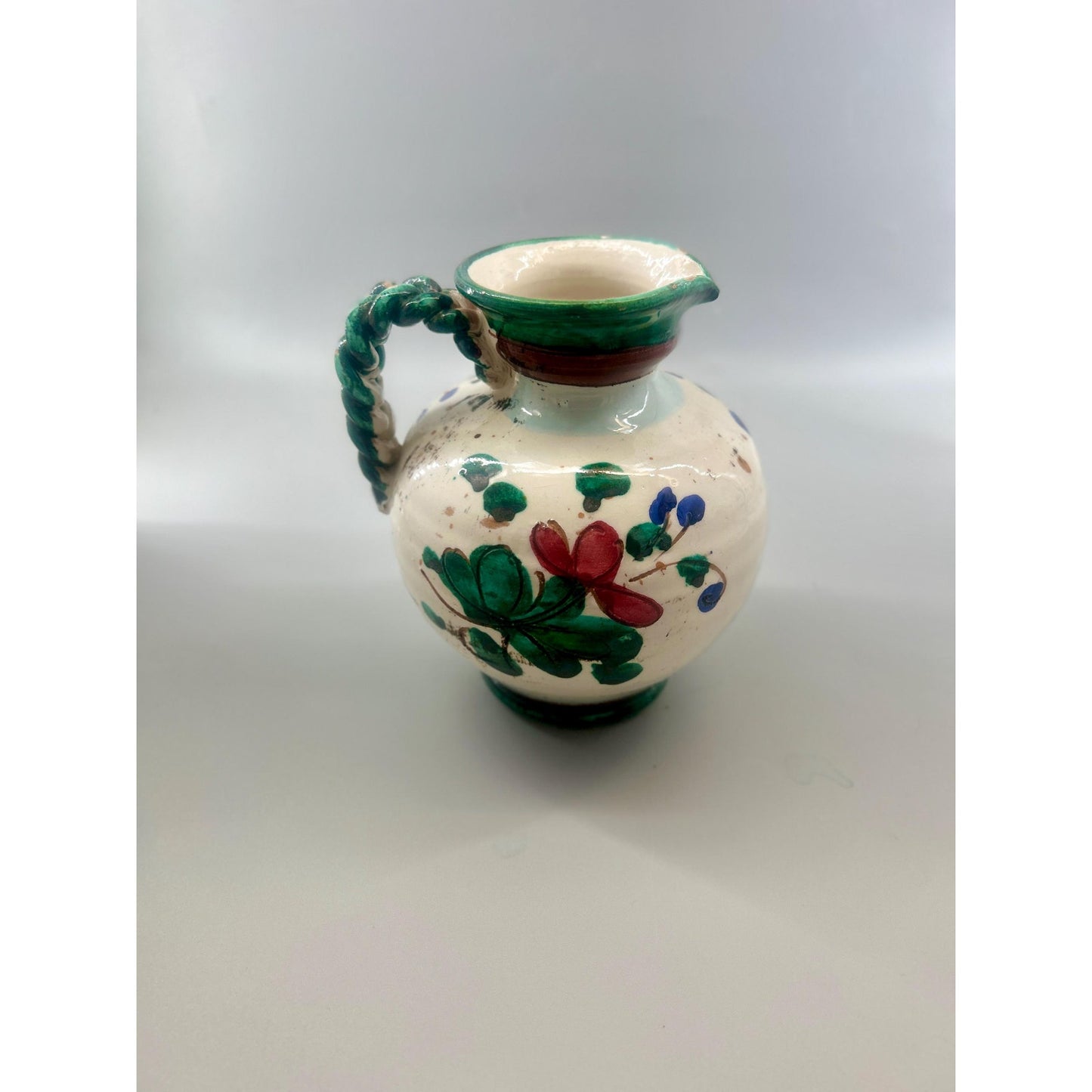 Vintage Hand Painted Spanish Majolica Talavera Style Faience Pitcher Twisted Handle Floral Jug