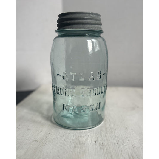 Vintage Atlas Strong Shoulder Mason Jar Aqua Blue w/ Zinc Lid – Quart – 1930s