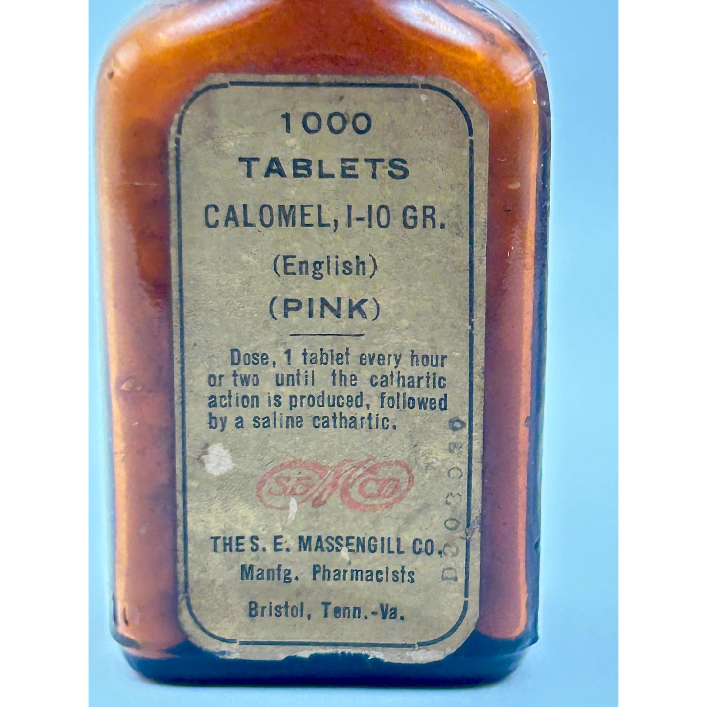 Antique Apothecary Calomel Tablets Bottle S.E. Massengill Bristol TN VA Pharmacy Amber Medicine Jar w Cork Seal 1000 Tablets Medical Quack