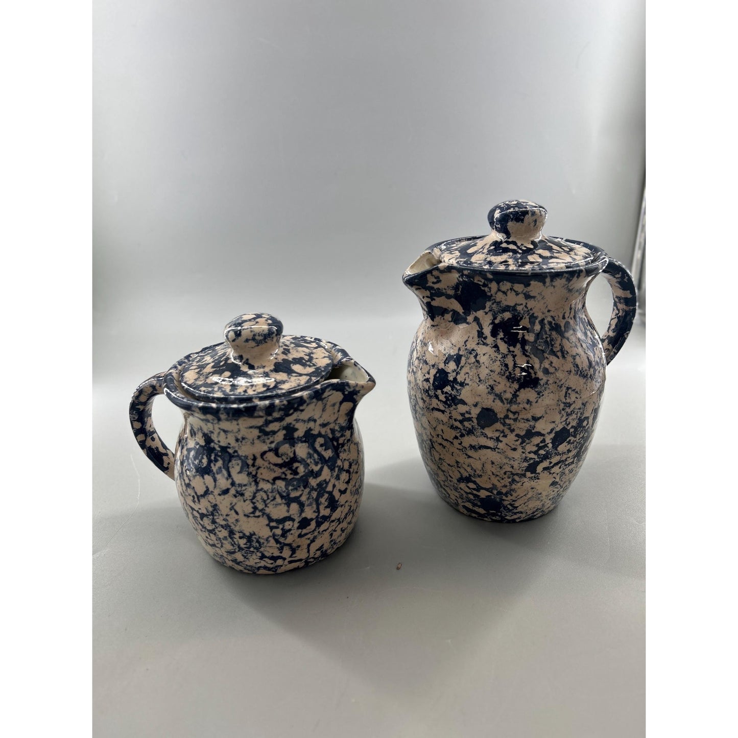 Blue spongeware stoneware set overall condition display
