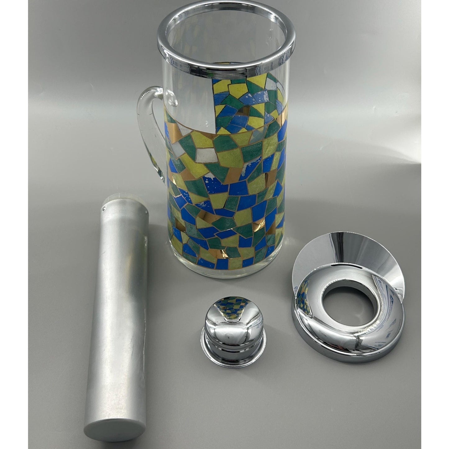 Mid Century Modern Mosaic Glass Pitcher w Chrome Lid & Ice Tube Insert – 1960s Atomic Barware – Retro MCM Entertaining