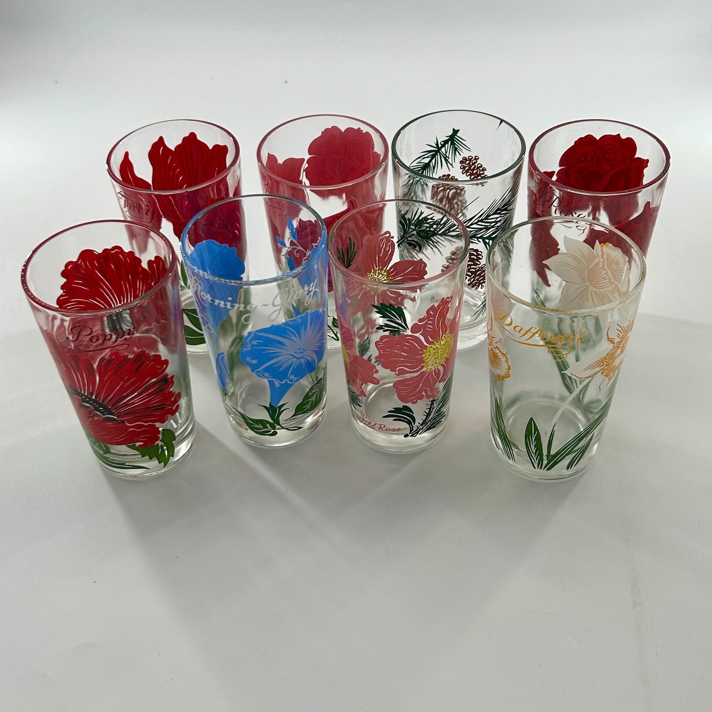 Vintage Federal Glass Floral Tumbler Set of 8 Mid Century Drinking Glasses Poppy Rose Daffodil Retro Barware MCM USA