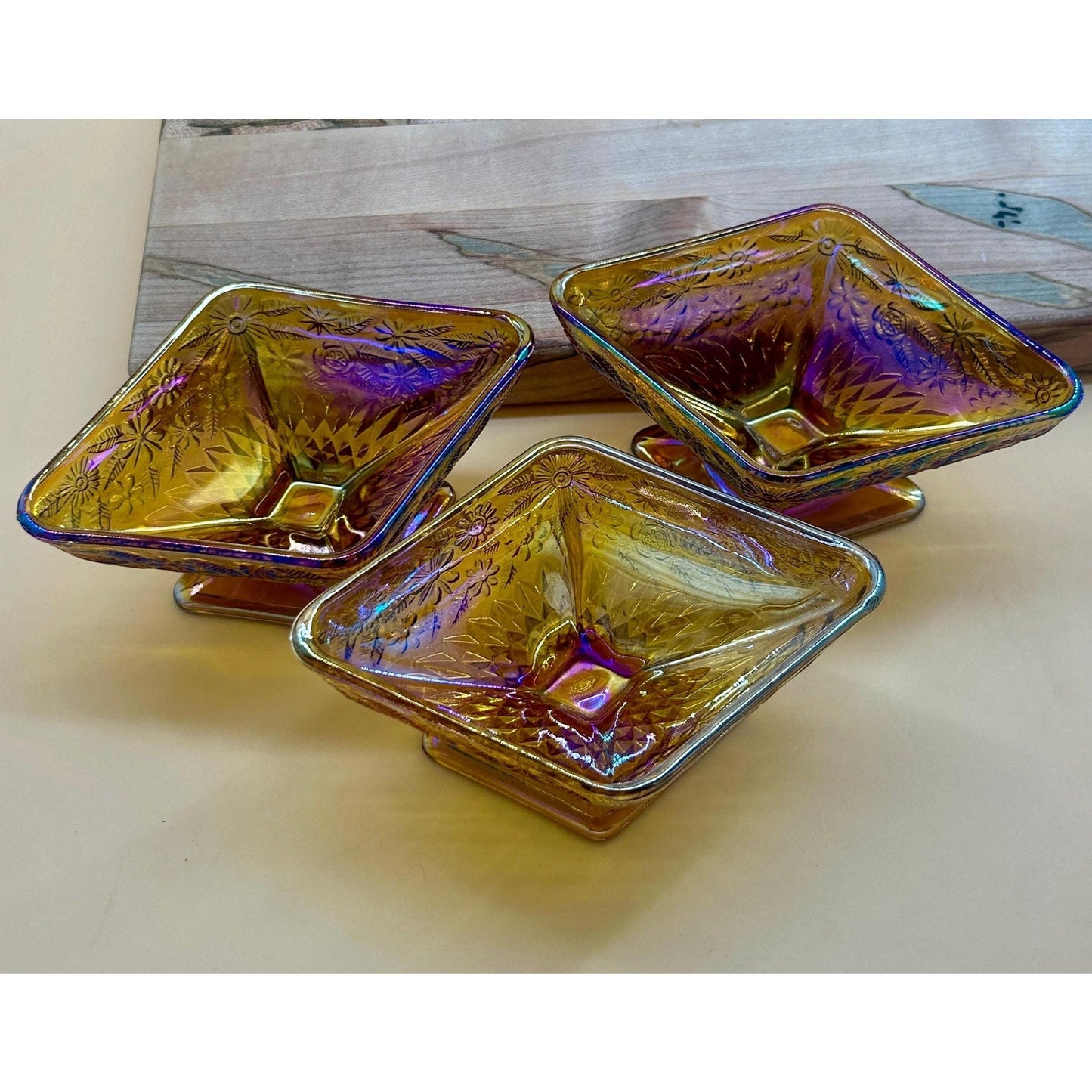 Vintage Marigold Carnival Glass Pedestal Bowls Set of 3 Iridescent Amber Pressed Glass Dessert Bowls Footed Carnival Glass Candy Dish Set