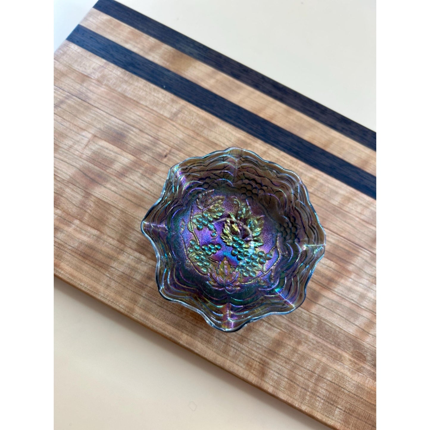 Antique Imperial Carnival Glass Grape & Cable Ruffled Bowl • Amethyst Iridescent Pressed Glass Berry Dish • Early 1900s Vintage Carnival