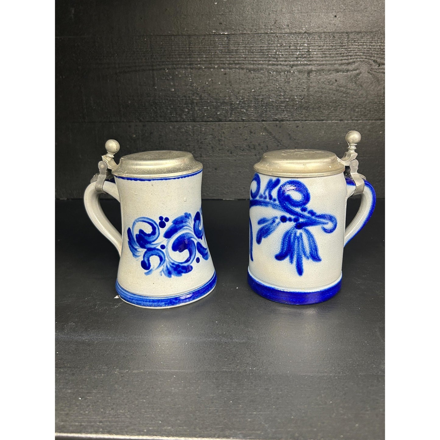 Vintage Westerwald German Stein Pair .5L • Salt Glazed Cobalt Stoneware • LFZ Handarbeit • Pewter Lids • Engraved “Hans” • Collector Grade