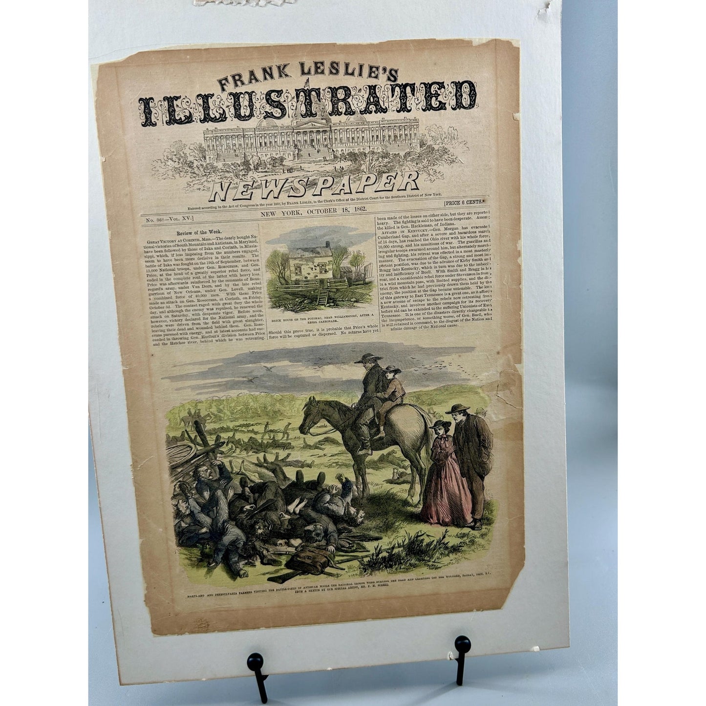 Antique Rare 1862 Frank Leslie Illustrated Newspaper Civil War Antietam Battlefield Original Hand Colored Engraving October 18 Issue