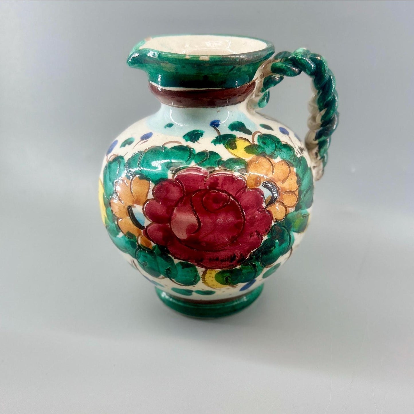 Vintage Hand Painted Spanish Majolica Talavera Style Faience Pitcher Twisted Handle Floral Jug
