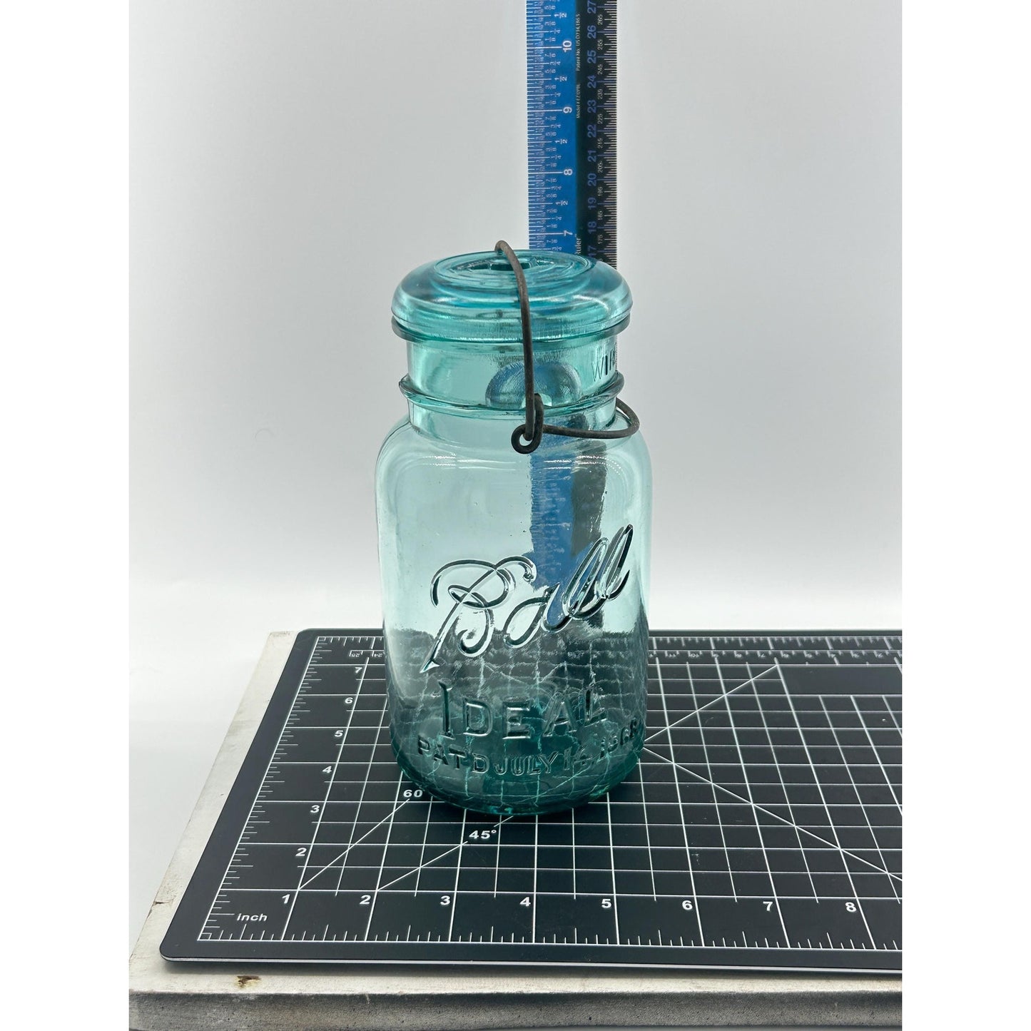 Antique Ball Ideal Aqua Blue Mason Jar Wire Bail Glass Lid Pat July 14 1908 Deep Embossed Fruit Jar Vintage Canning Jar Farmhouse Kitchen