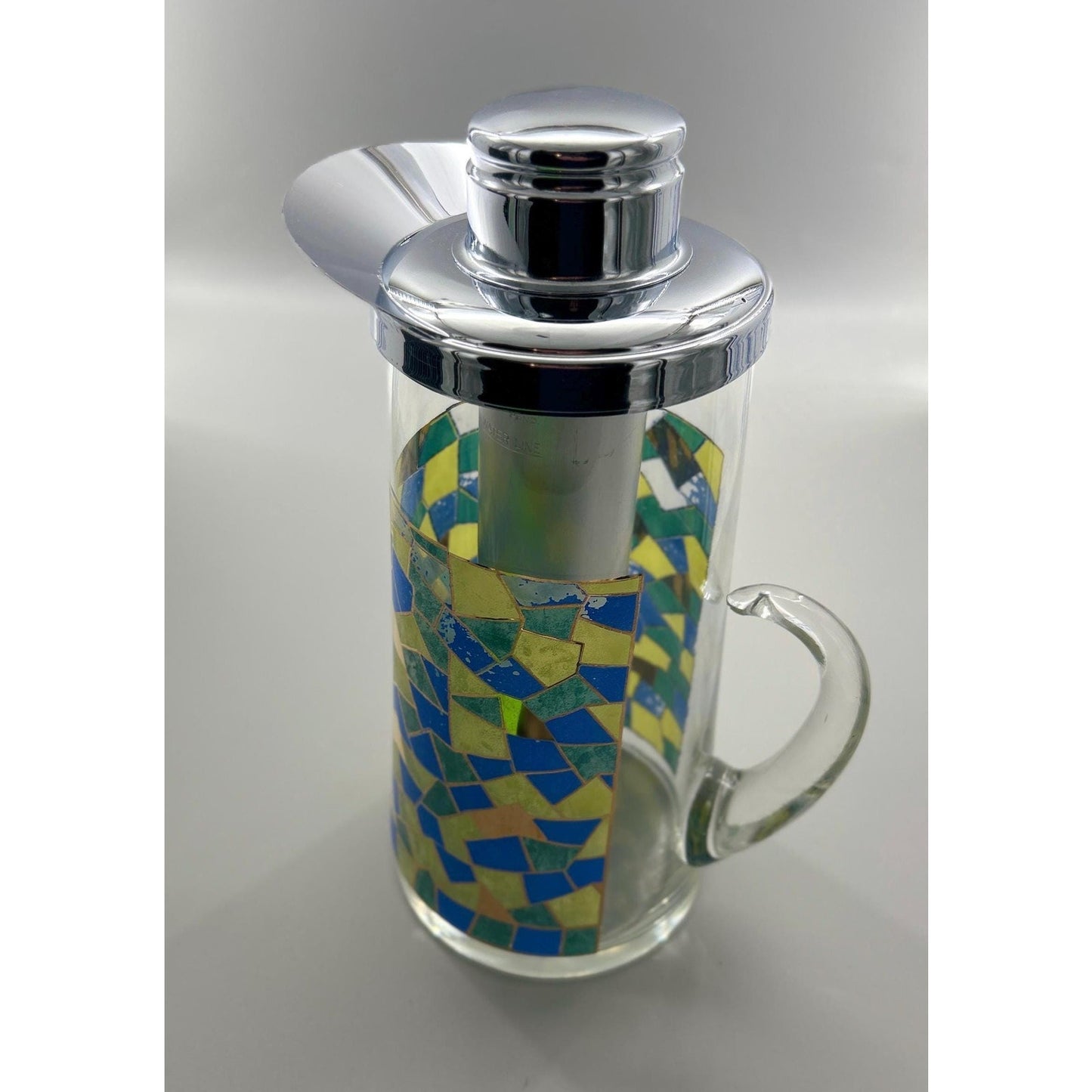 Mid Century Modern Mosaic Glass Pitcher w Chrome Lid & Ice Tube Insert – 1960s Atomic Barware – Retro MCM Entertaining