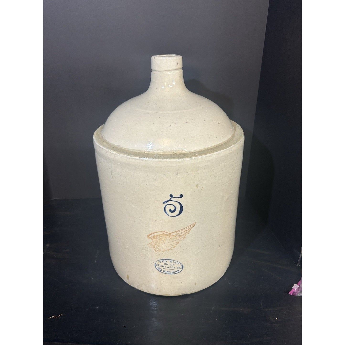 Antique 5 Gallon Red Wing Stoneware Crock Shoulder Jug 4 Inch Wing Logo