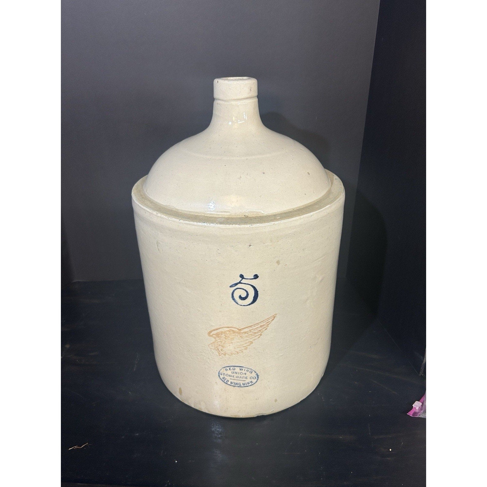 Antique 5 Gallon Red Wing Stoneware Crock Shoulder Jug 4 Inch Wing Logo