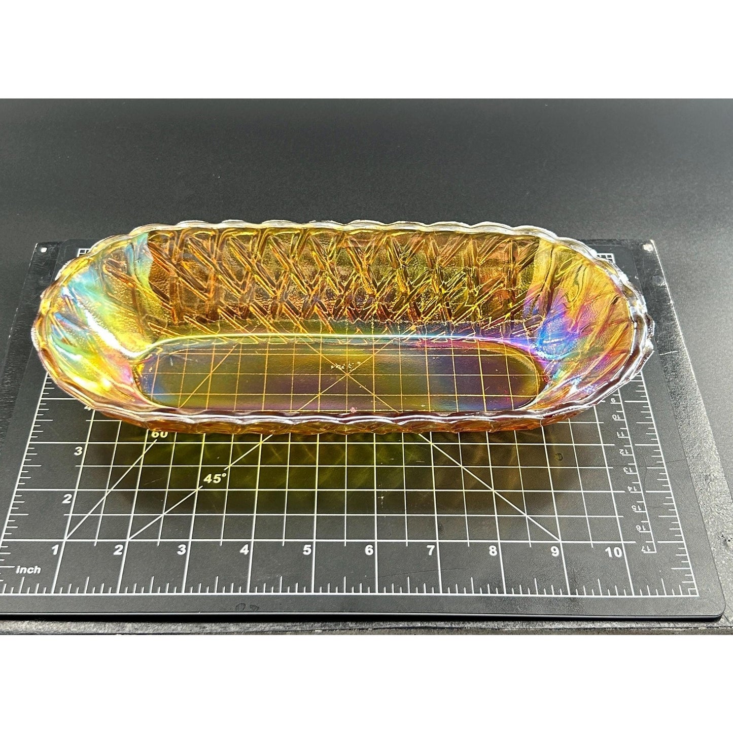 Vintage Indiana Carnival Glass Relish Tray – Marigold Iridescent Diamond Pattern