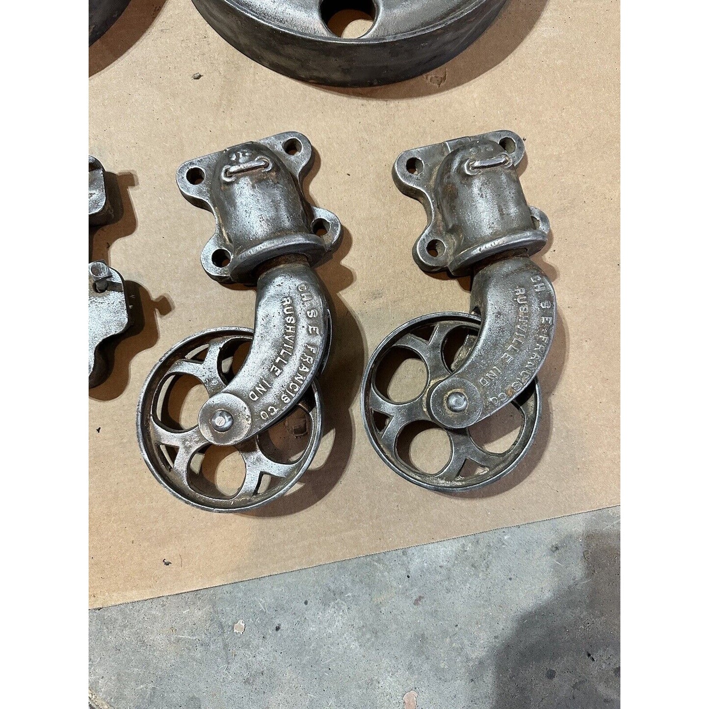 Antique Chas. E. Francis Factory Cart Hardware Set — Complete Cast Iron Wheels, Casters & Brackets