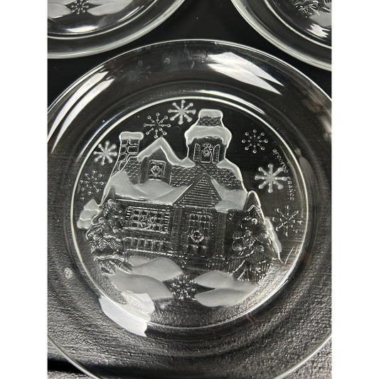 Arcroc “Welcome Home” Christmas Plates • Frosted Winter Cottage Glass Dessert Plates • Vintage Clear Holiday Snow Scene Set of 5 (7.75”)