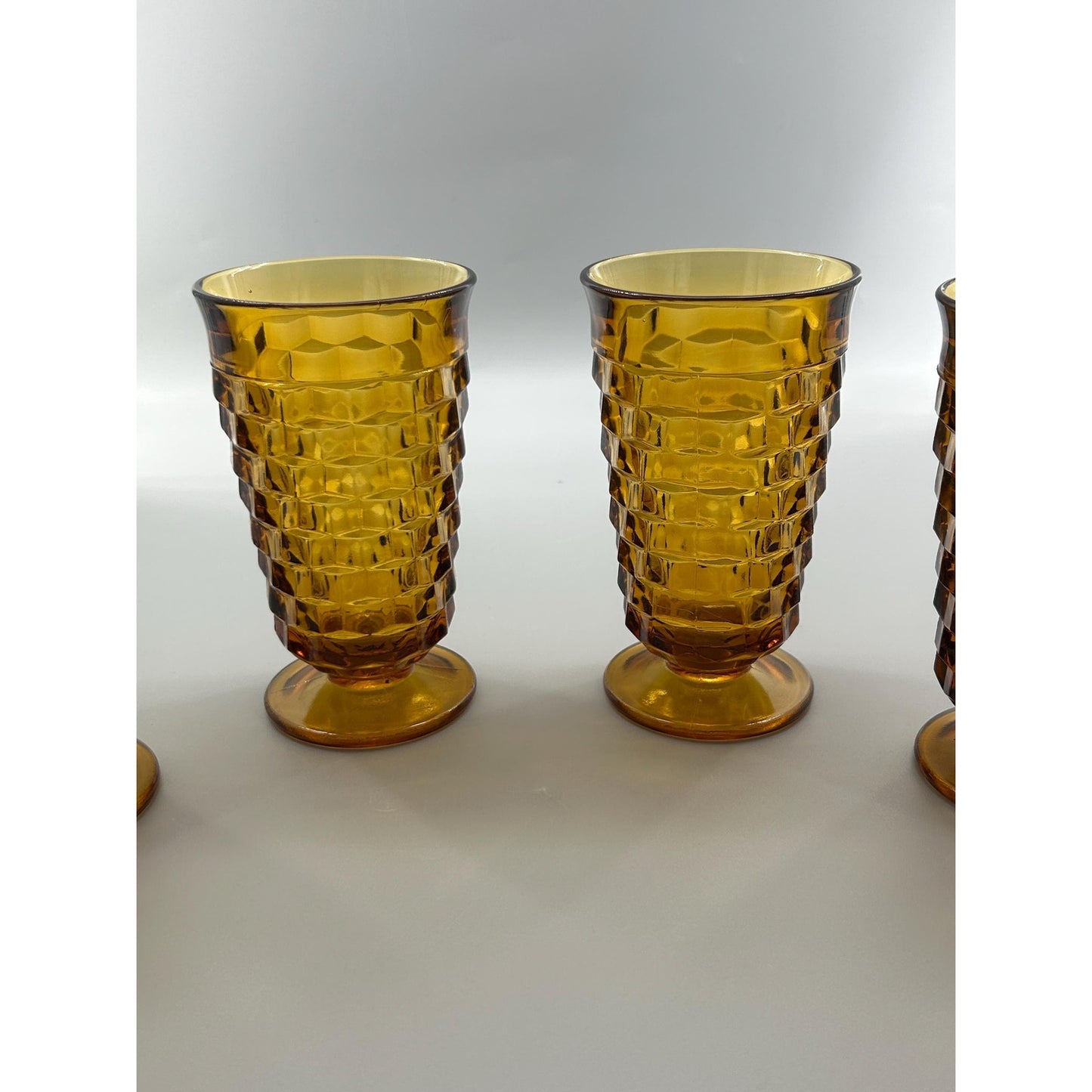 Vintage Indiana Glass Whitehall Cube Tumblers Set of 4 Amber Footed Glasses Mid Century Barware Retro Drinkware. Honey Brown Root Beer MCM