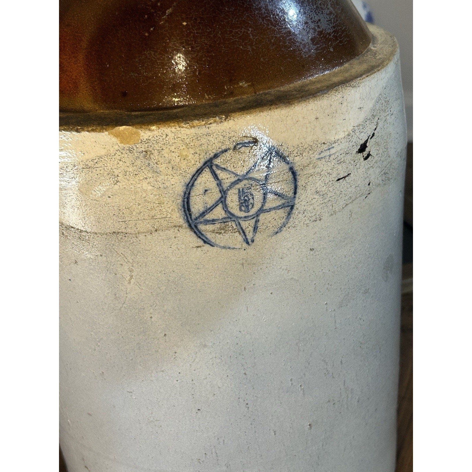 Antique 5 Gallon Blue Star Stoneware Crock Jug 5 point salt glaze detail