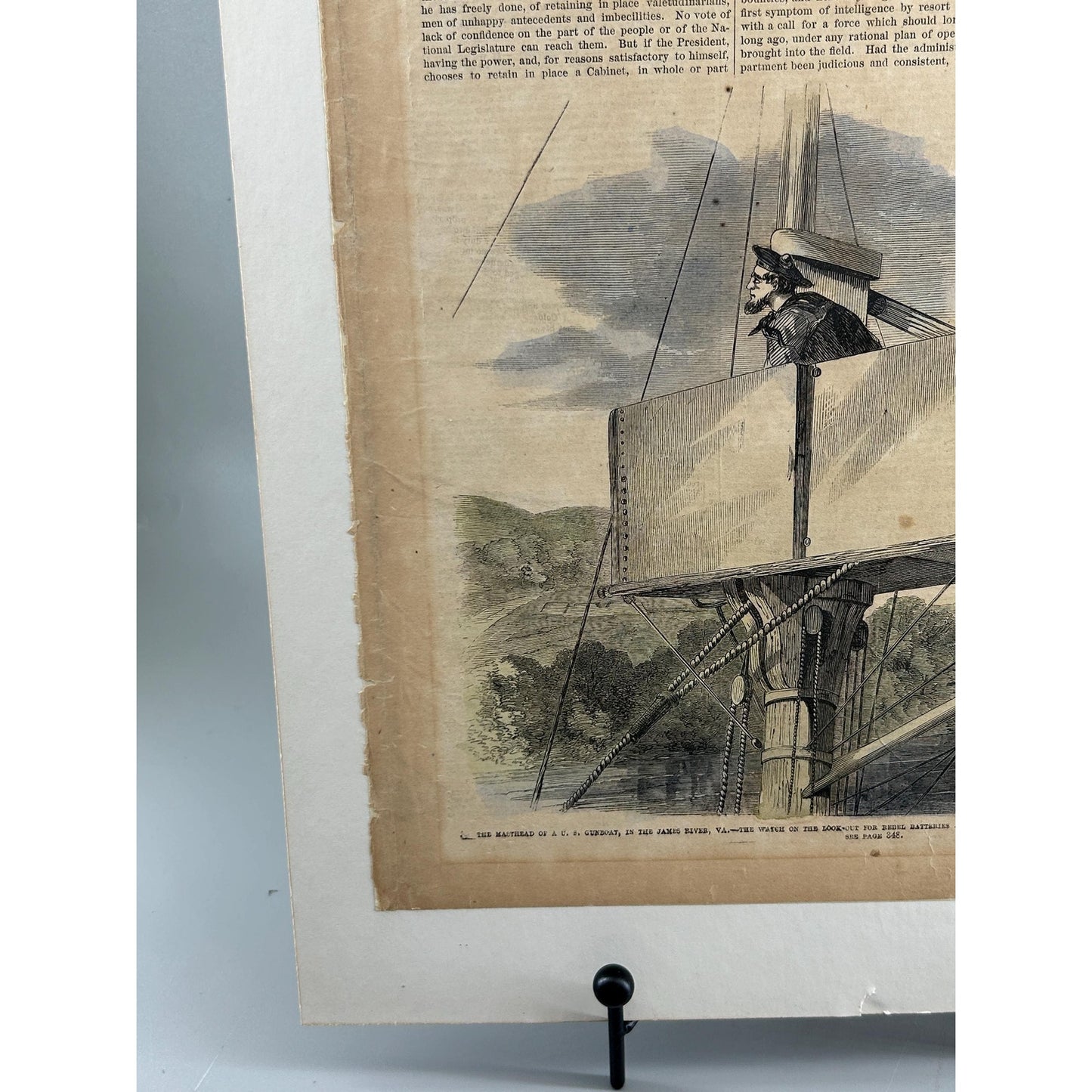 Antique Rare Civil War Newspaper 1862 Frank Leslie Illustrated Naval Masthead Lookout James River Union Warship Antique Print