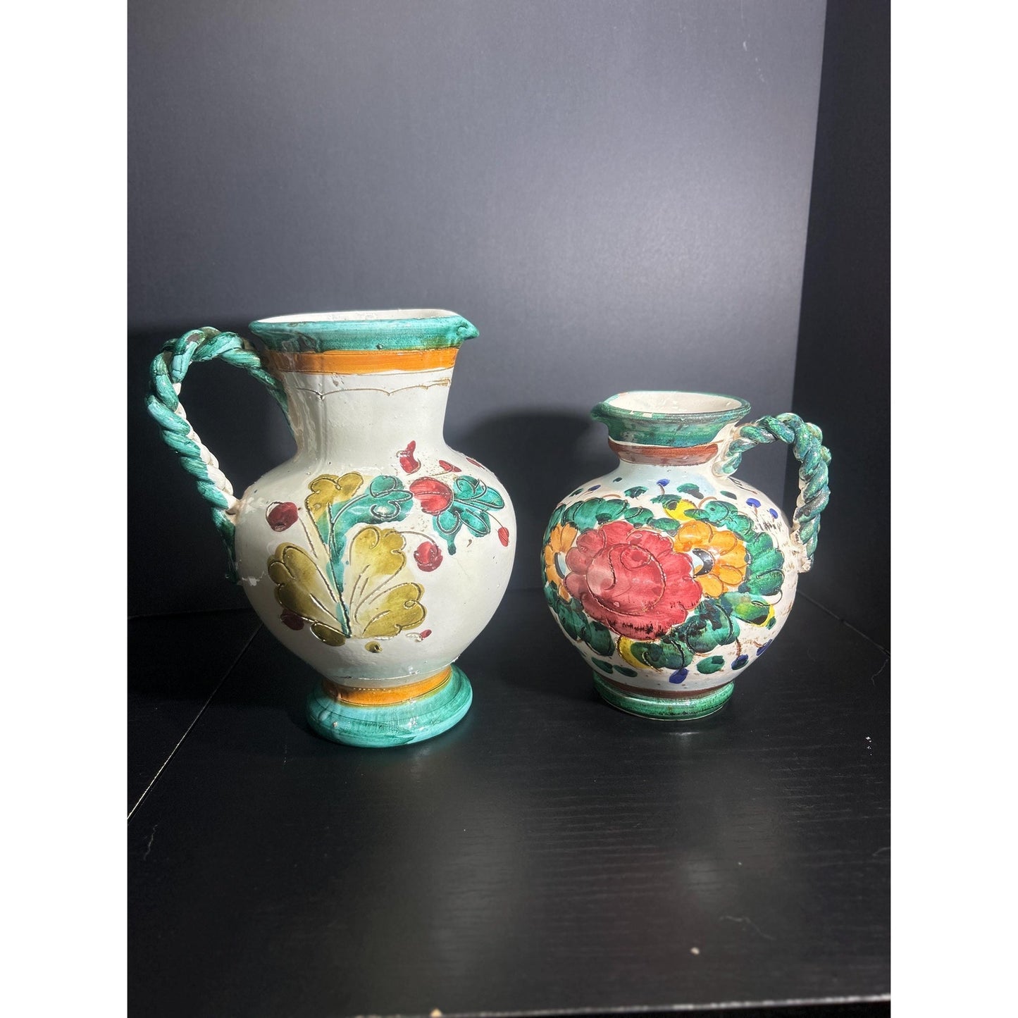 Pair of Hand Painted Majolica Pitchers | Braided Handle Floral Pottery Set | Spanish Rustic Ceramic Jugs | Tuscan Mediterranean Home Decor
