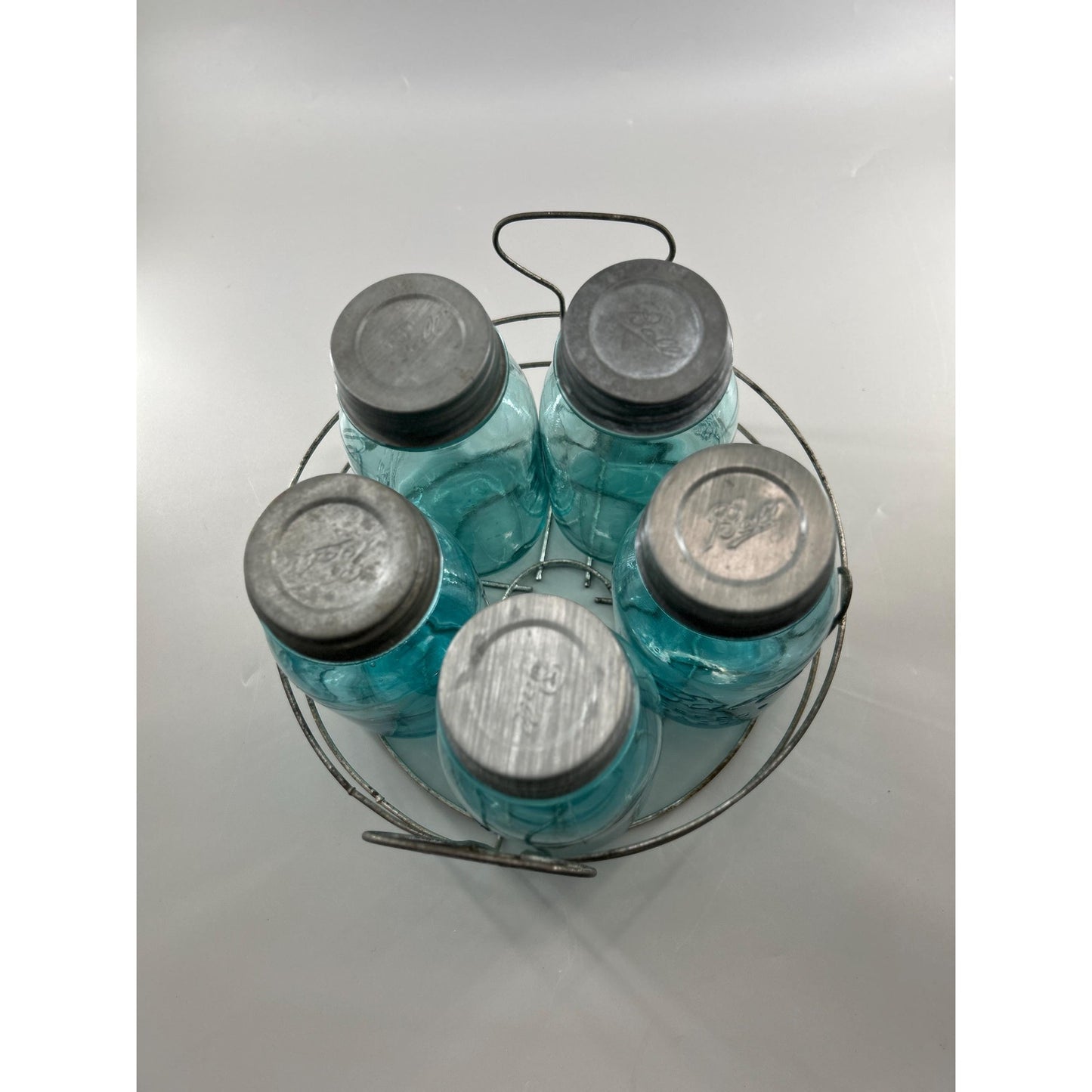 Vintage Ball Perfect Mason Jar Set Aqua Blue w Wire Carrier Zinc Lids 5pc