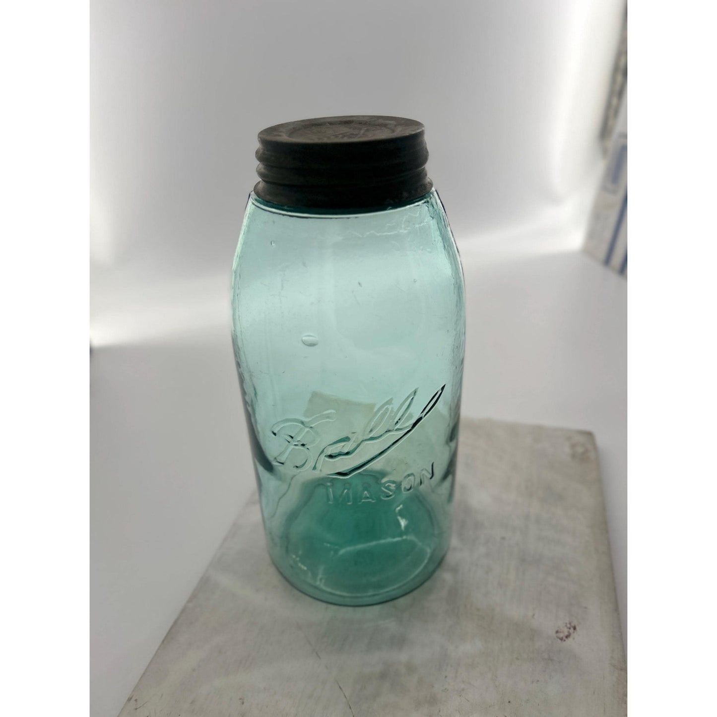 Antique Ball Triple L Half Gallon Aqua Mason Jar 1900–1910 Early Script Fruit Jar Ball Bros Glass Embossed Original Zinc Lid