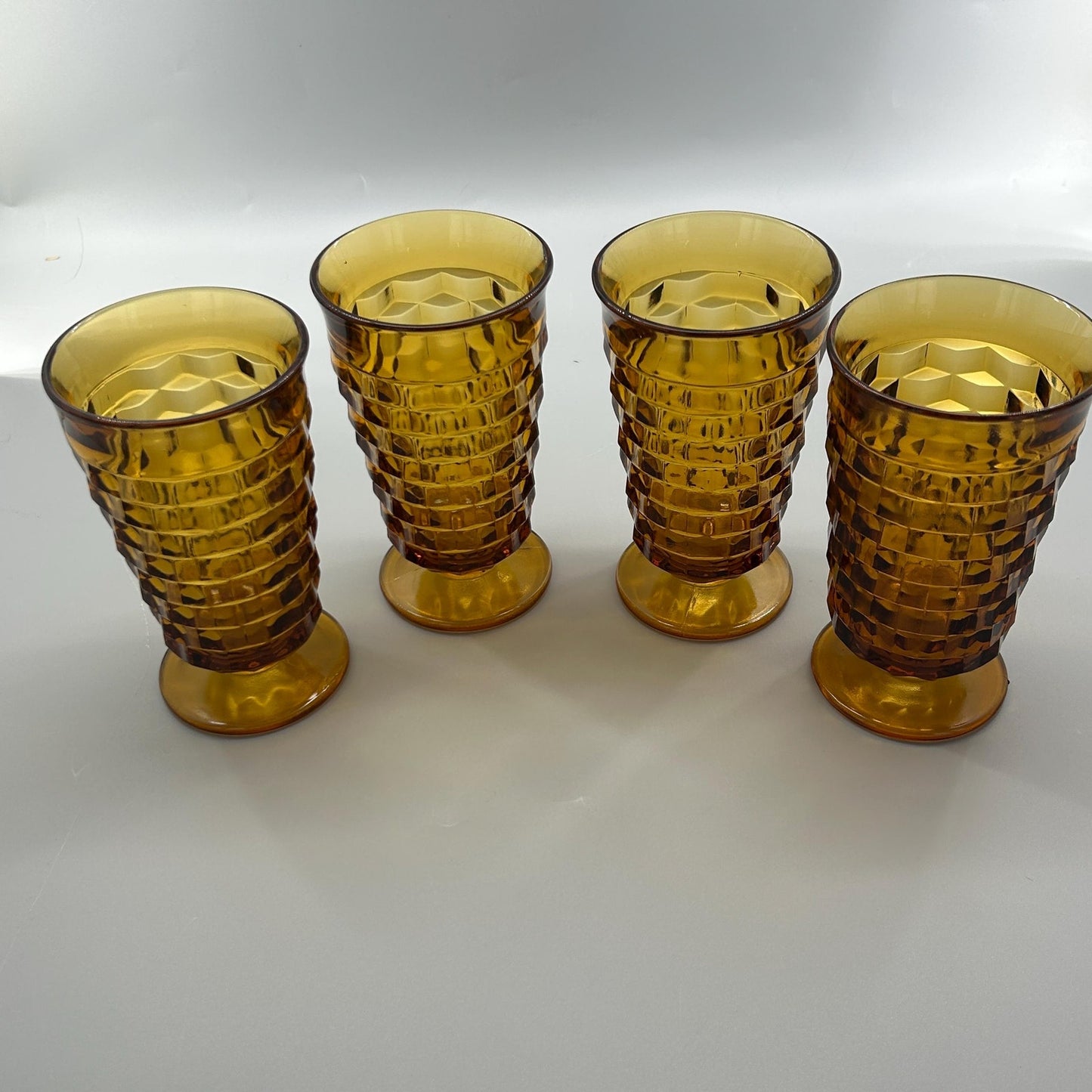 Vintage Indiana Glass Whitehall Cube Tumblers Set of 4 Amber Footed Glasses Mid Century Barware Retro Drinkware. Honey Brown Root Beer MCM