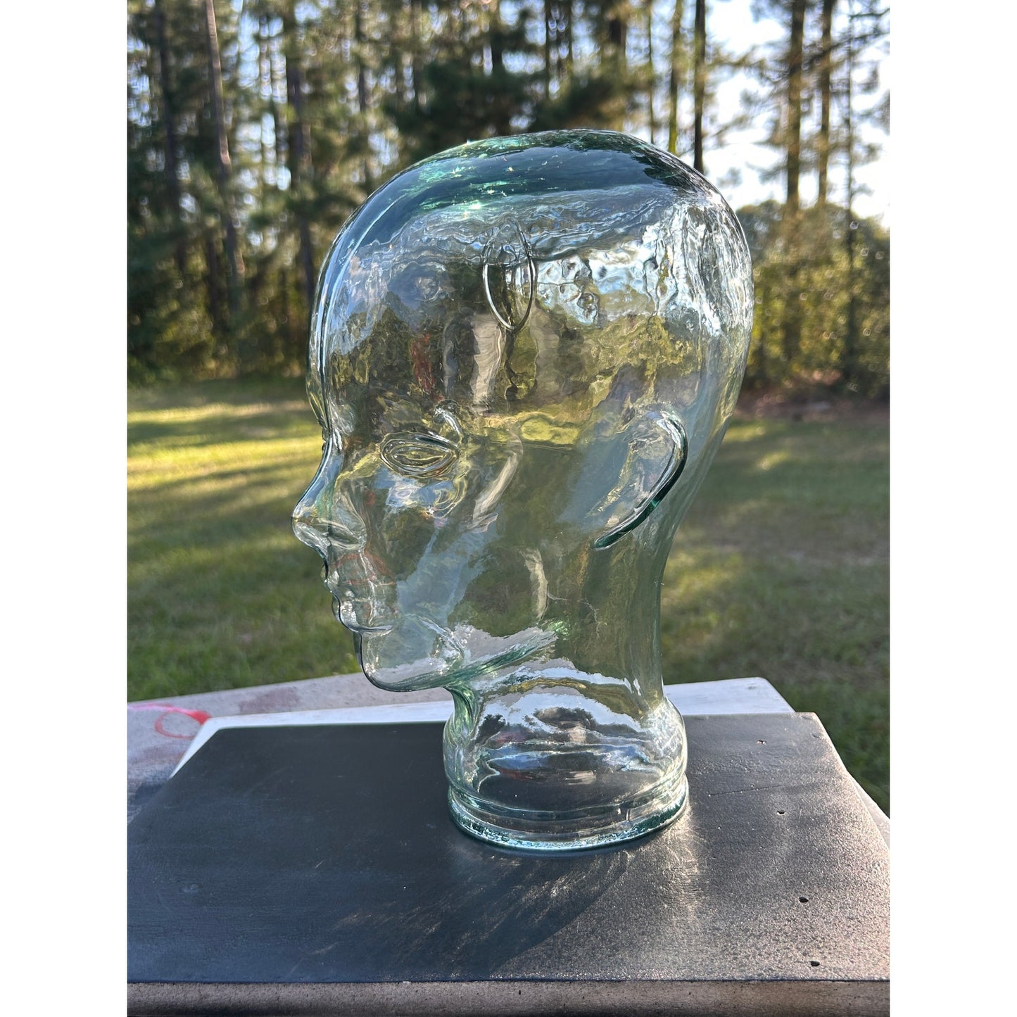 Vintage Glass Mannequin Head Clear with Green Tint & Bubbles Store Display 11.5”