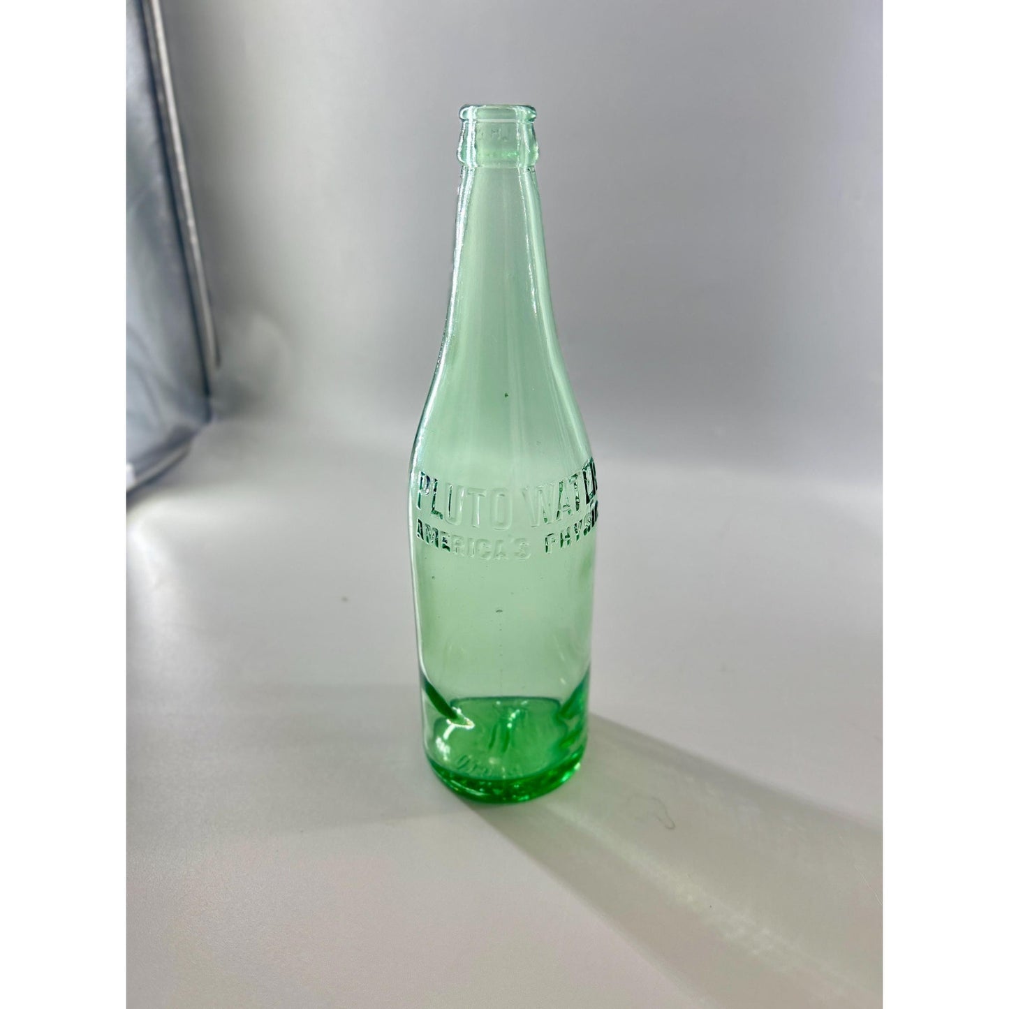 Antique Pluto Water Bottle America’s Physic Devil Logo Base Embossed Aqua Green Mineral Water c1920s