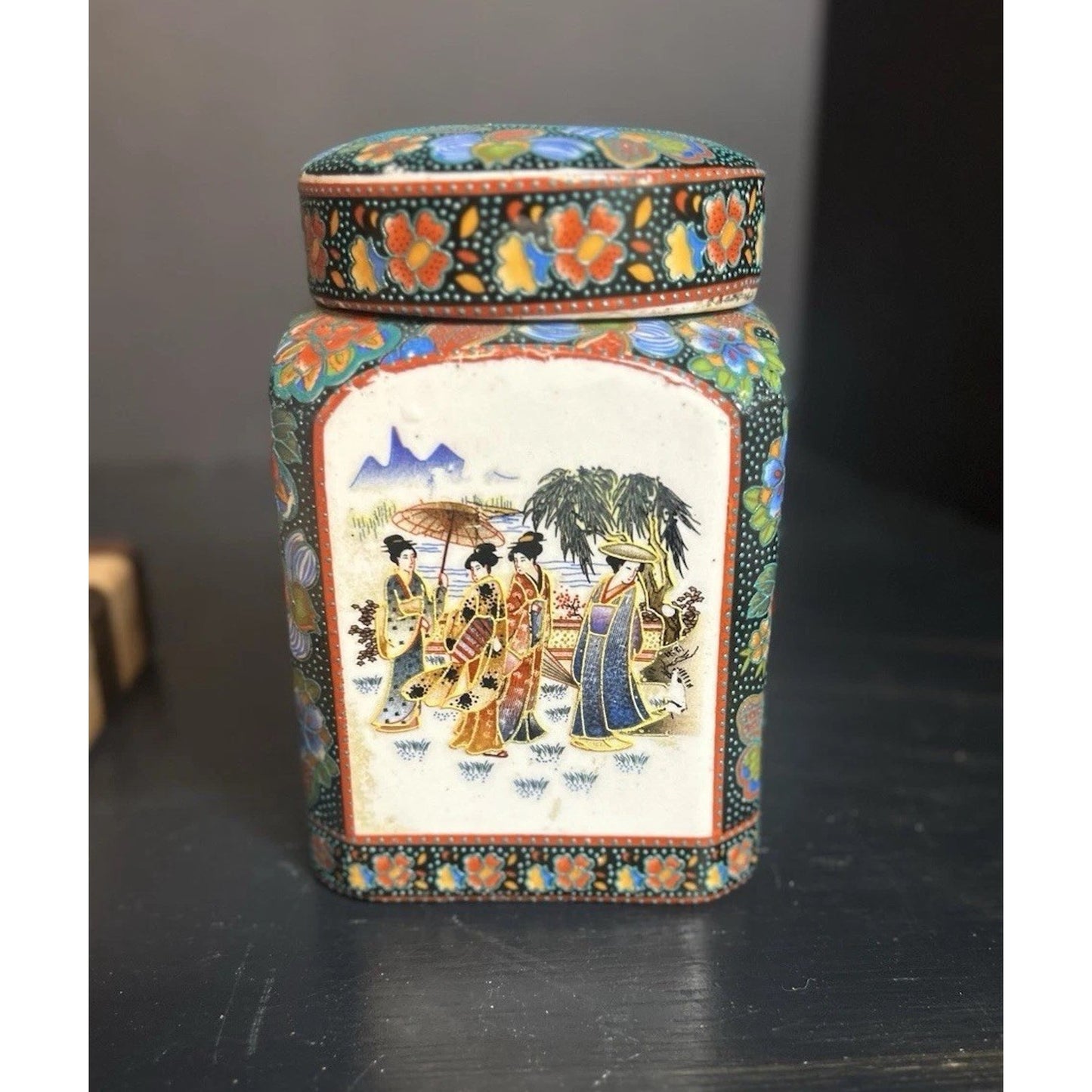 Antique Vintage Chinese Canton Enamel Tea Caddy Trinket Box Floral Scenes