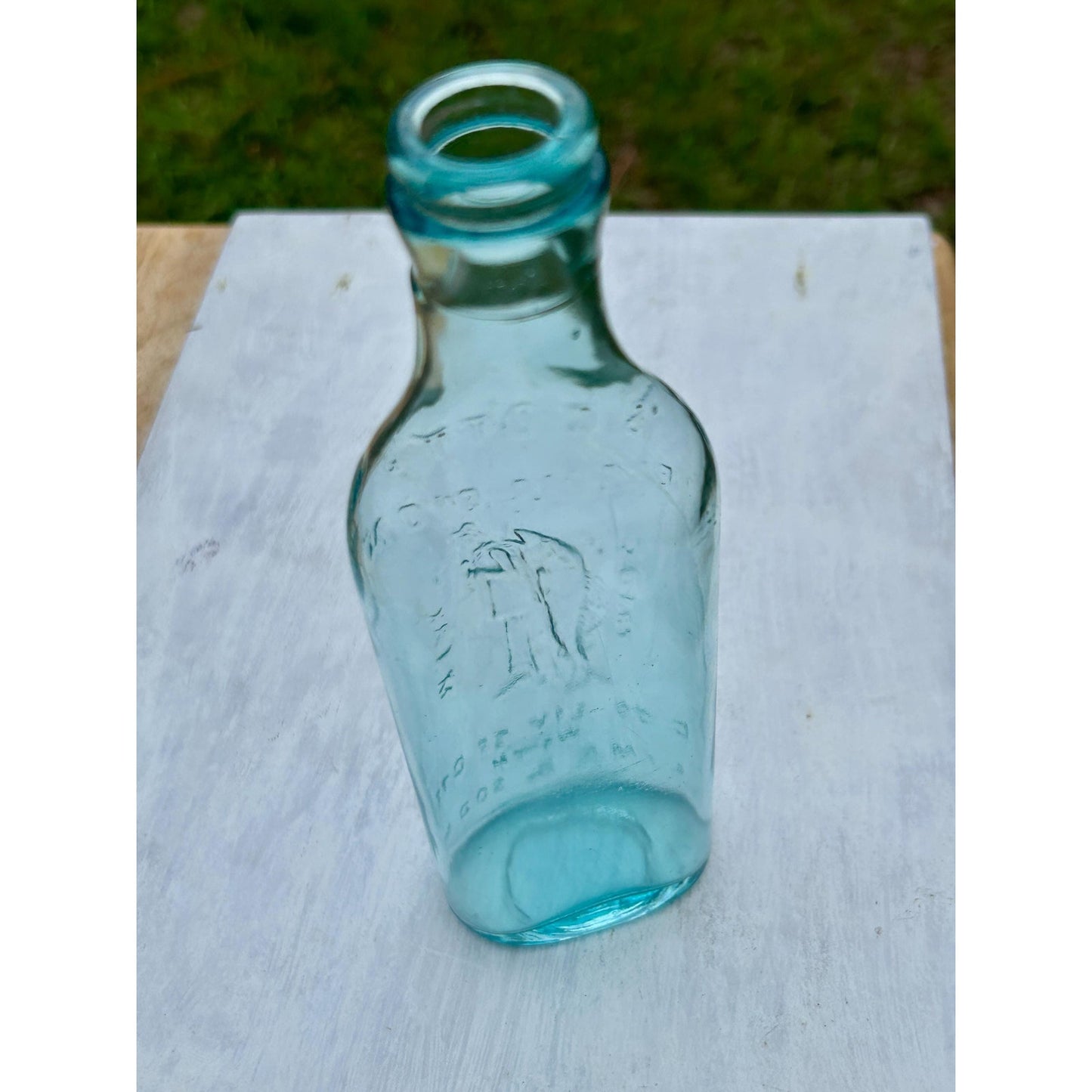 Antique Scott’s Emulsion Aqua Blue Cod Liver Oil With Lime & Soda Bottle Embossed Fisherman Patent Medicine