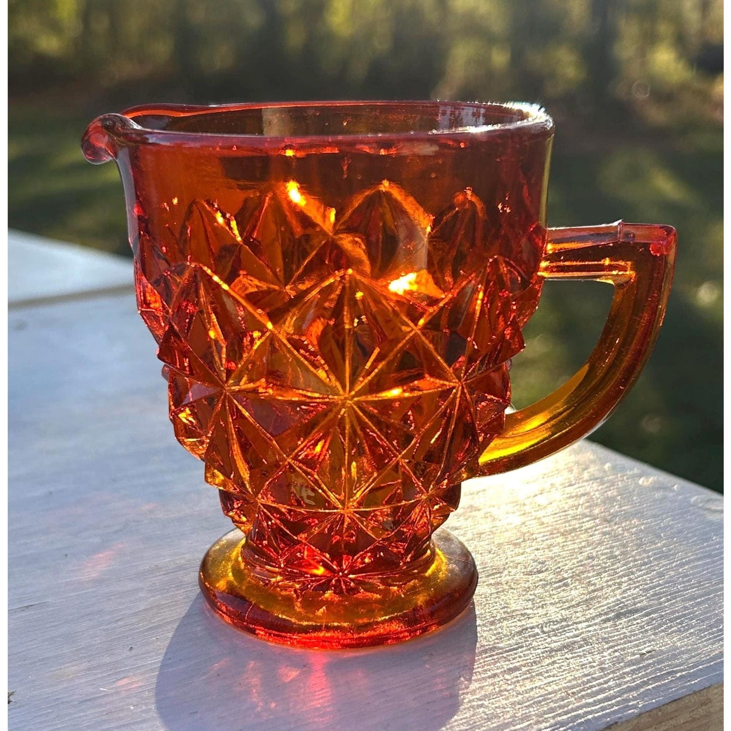 Vintage Amberina Glass Creamer | UV Reactive | Diamond Cut Pressed Glass | Footed Cream Pitcher