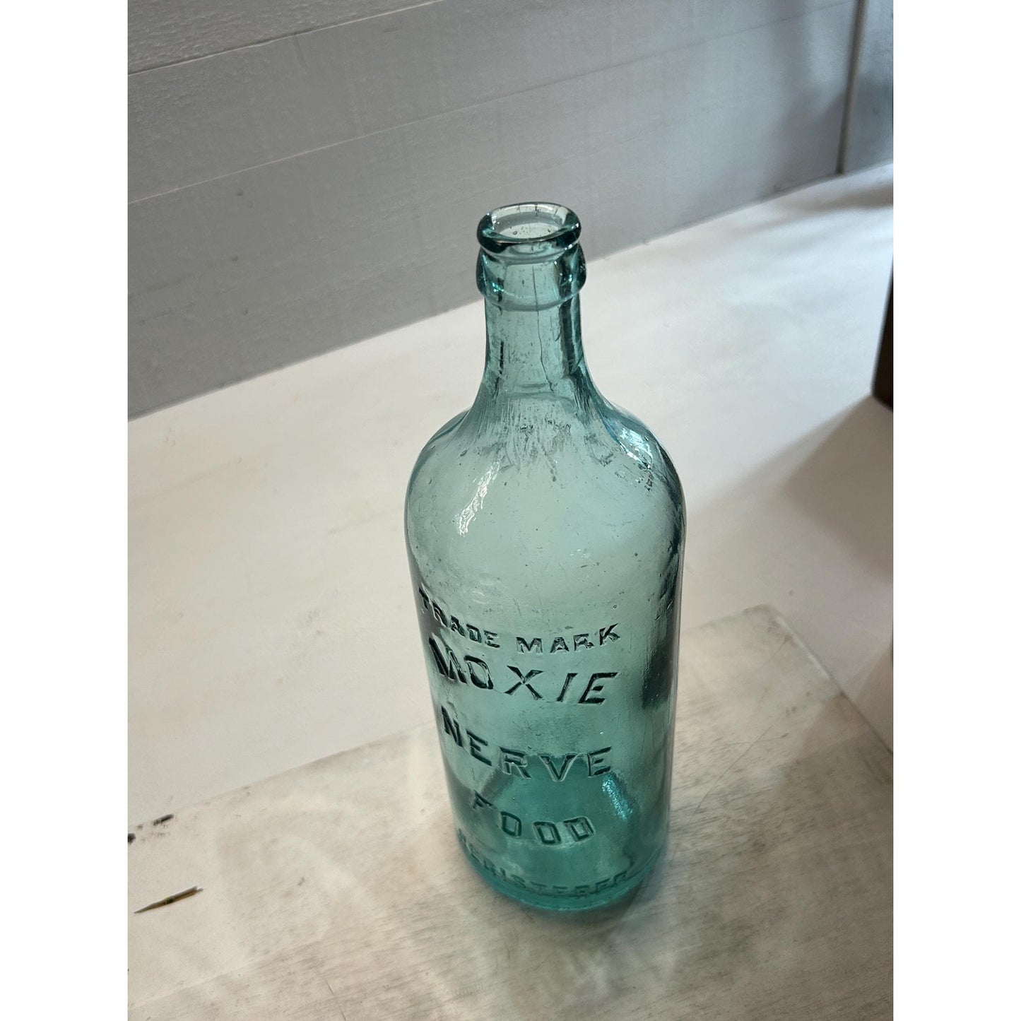 Antique 1880s Moxie Nerve Food Bottle – Aqua Blue Glass – Patent Medicine Soda Tonic Apothecary Collectible – Rare 12 Inch Embossed Bottle