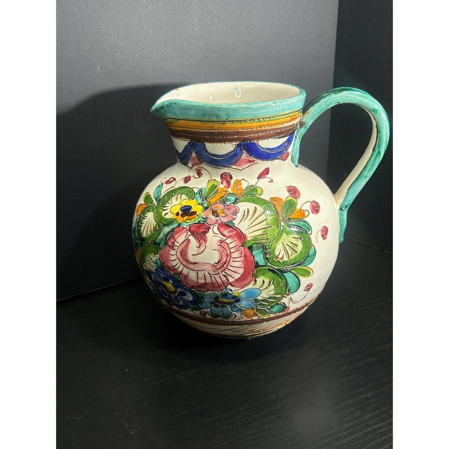 Pair of Hand Painted Majolica Pitchers | Braided Handle Floral Pottery Set | Spanish Rustic Ceramic Jugs | Tuscan Mediterranean Home Decor